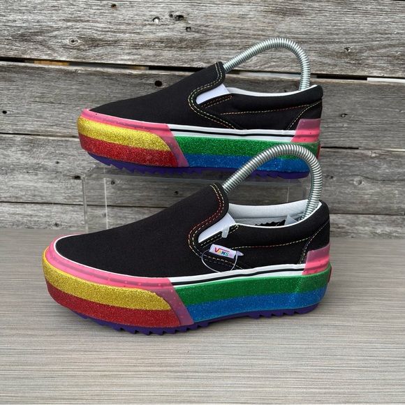 Vans Glitter Slip-On Stacked Black Glitter Rainbow Platform Sneaker